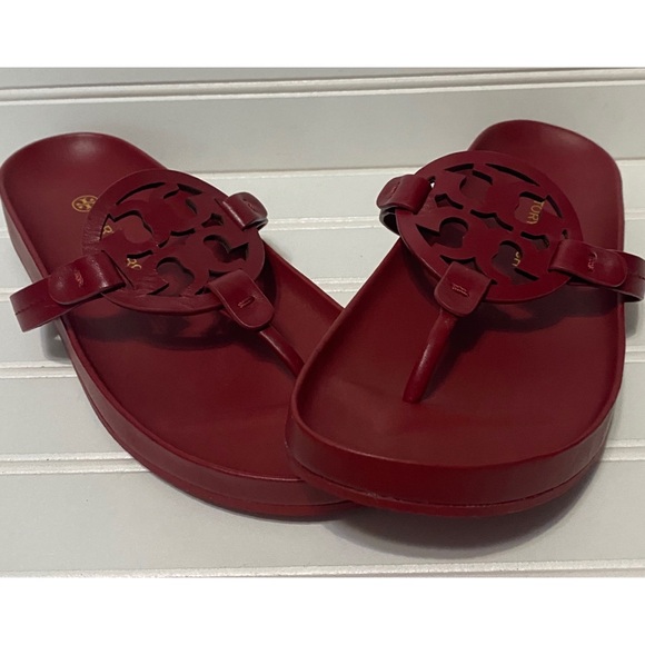 Tory Burch Miller Cloud Red Leather Sandals Shoes Flip Flops Womens Size 9.5 - Picture 1 of 9